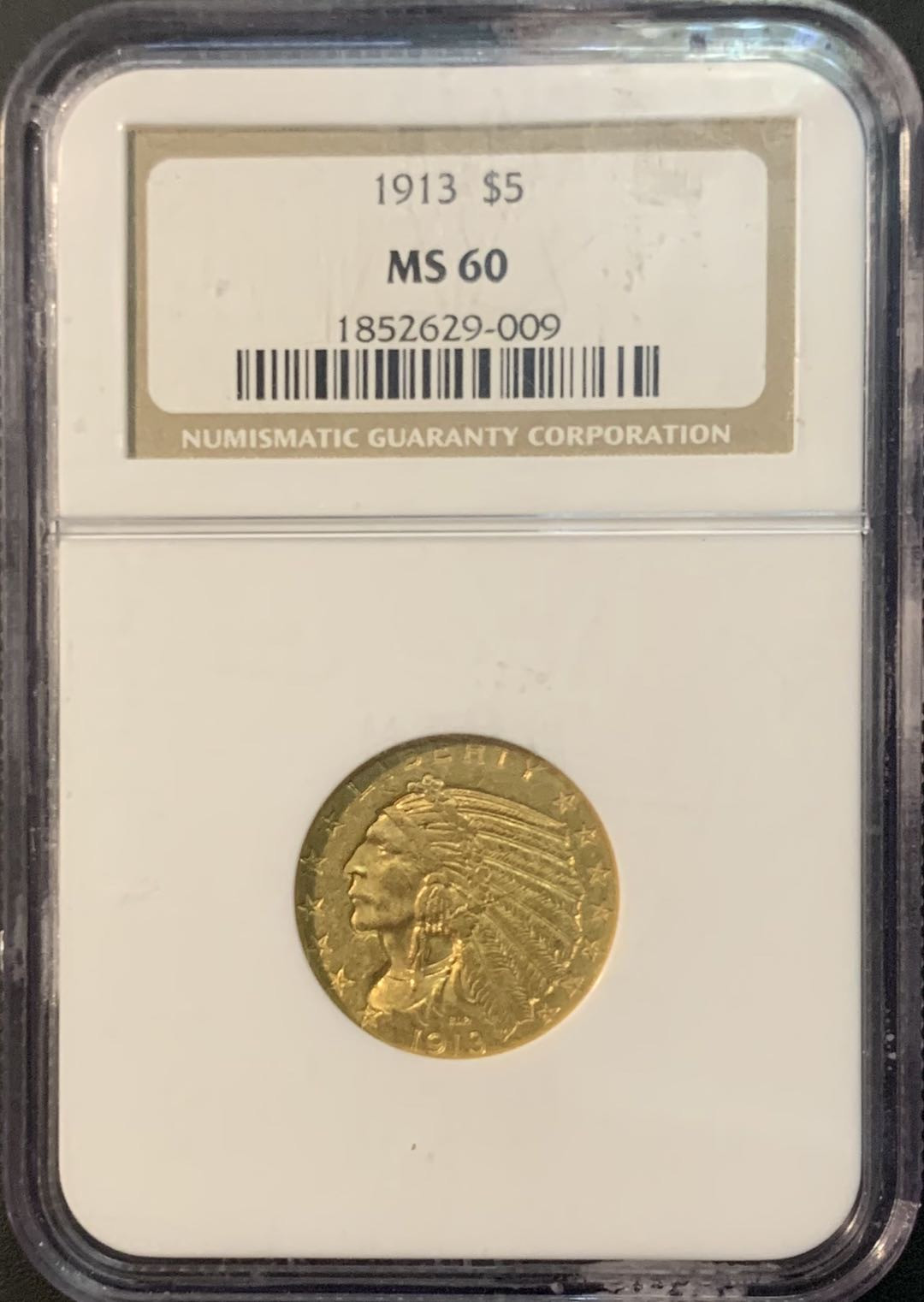 紫瑗钱币—微拍第73期  美国 1913年  印第安人 5元  8.4克 0.9金 NGC MS60