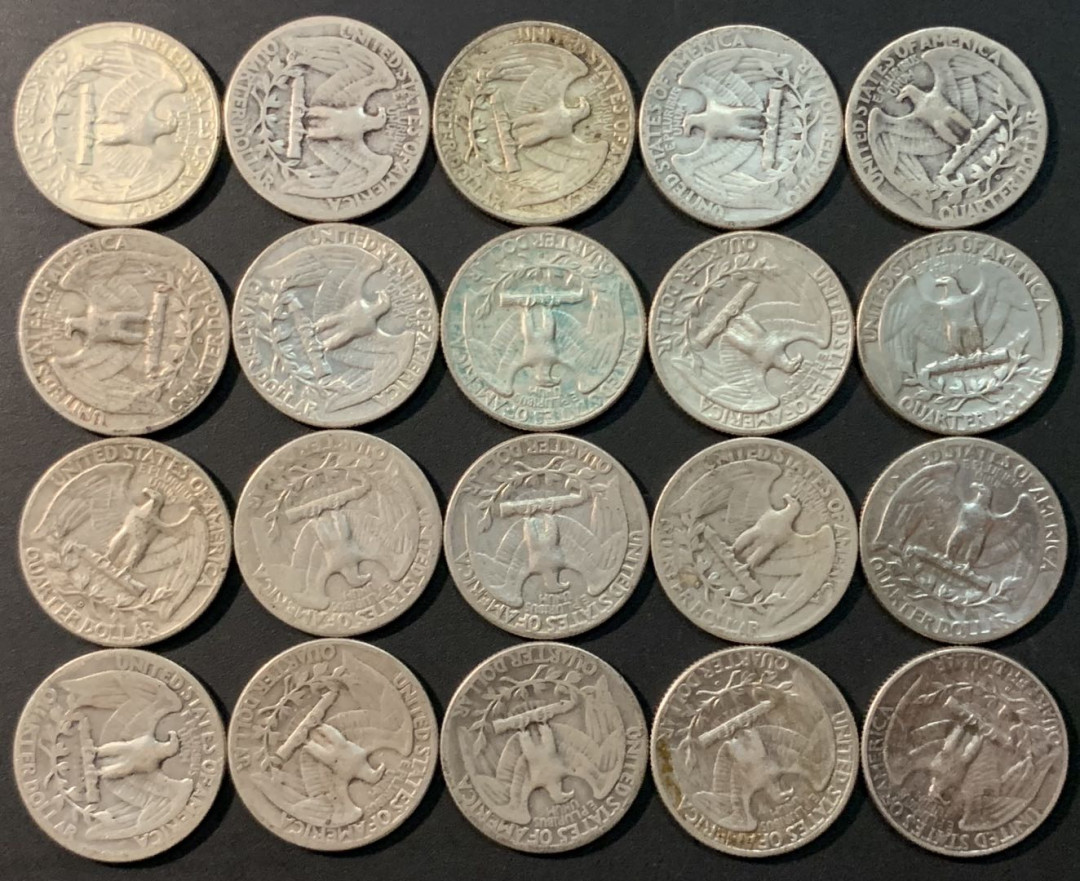 紫瑗钱币—微拍第73期  美国 1932—1964年 华盛顿 25美分 20枚一组 共125克 0.9银