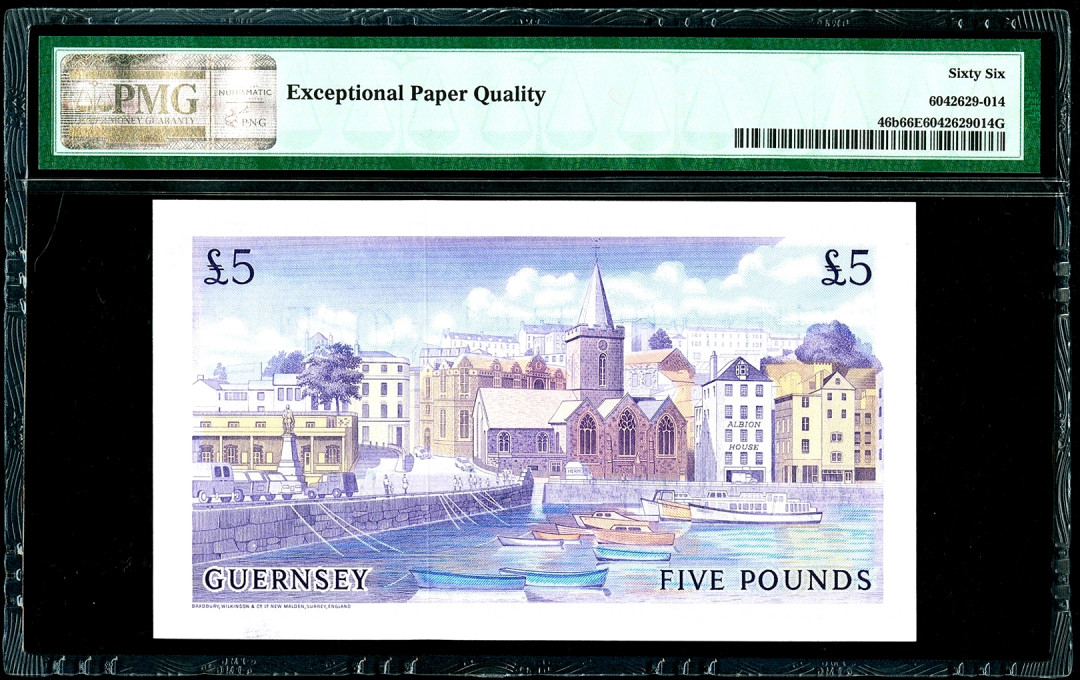 【收藏联盟】第145期拍卖——慧眼识珠（共50拍） 【早期b版】根西岛 1969～75年 5镑 经典彩背 PMG66EPQ 非常漂亮 BWC出品