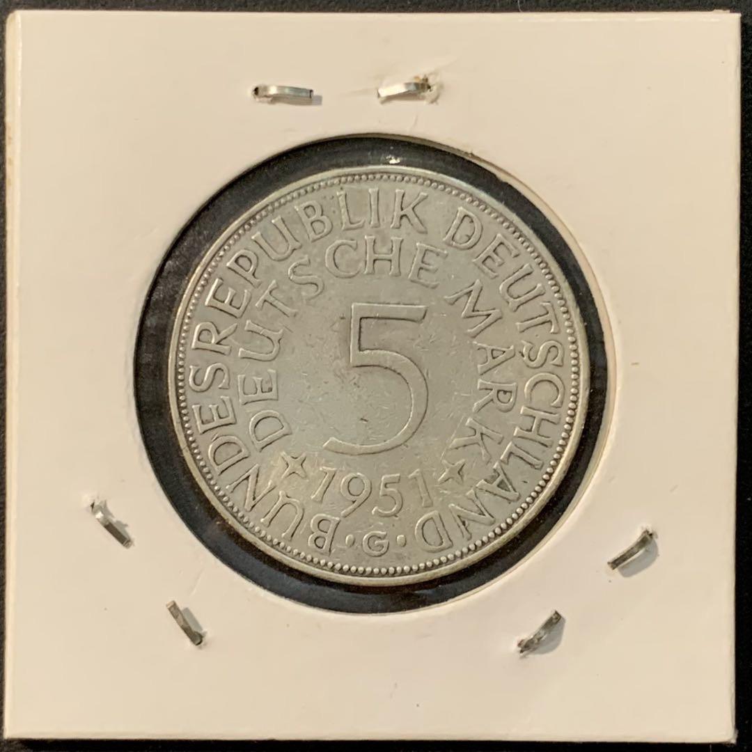 紫瑗钱币—微拍第73期  德国 1951年 G厂 流通 5马克 11.2克 0.625银