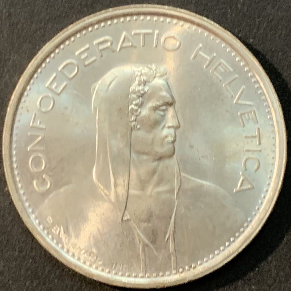 紫瑗钱币—微拍第73期  瑞士 1967年 5法郎 15克 0.835银 UNC