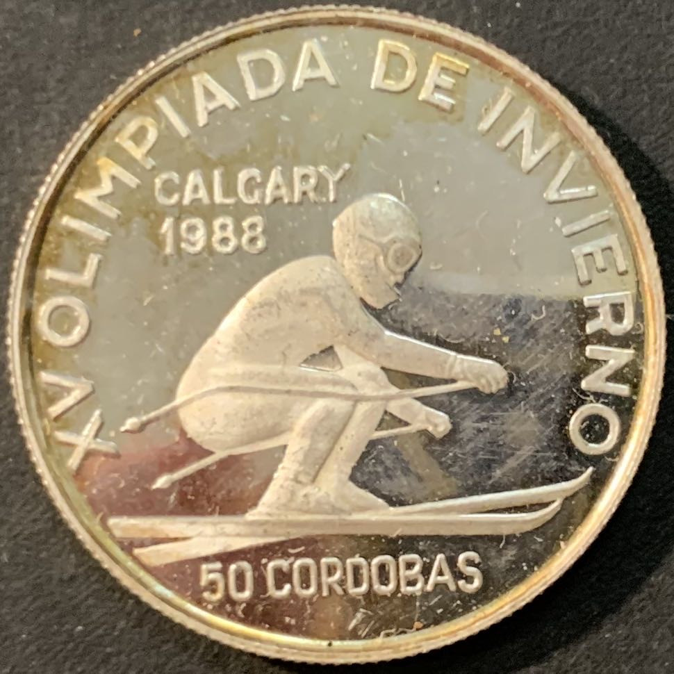 紫瑗钱币—微拍第73期  尼加拉瓜 1988年 卡尔加里冬奥会 滑雪 50科多巴 16.6克 0.825银 精制