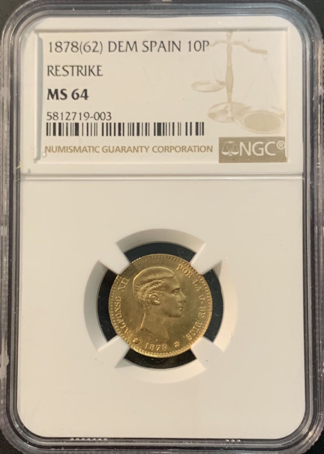 紫瑗钱币—微拍第73期  西班牙 1878年 阿方索十二世 10比塞塔 NGC MS64