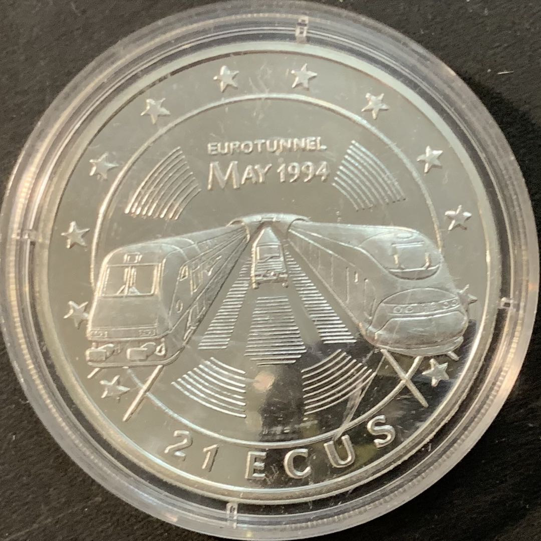 紫瑗钱币—微拍第73期  直布罗陀 1994年 英法隧道通车百年 21埃局 25克 0.925银 精制