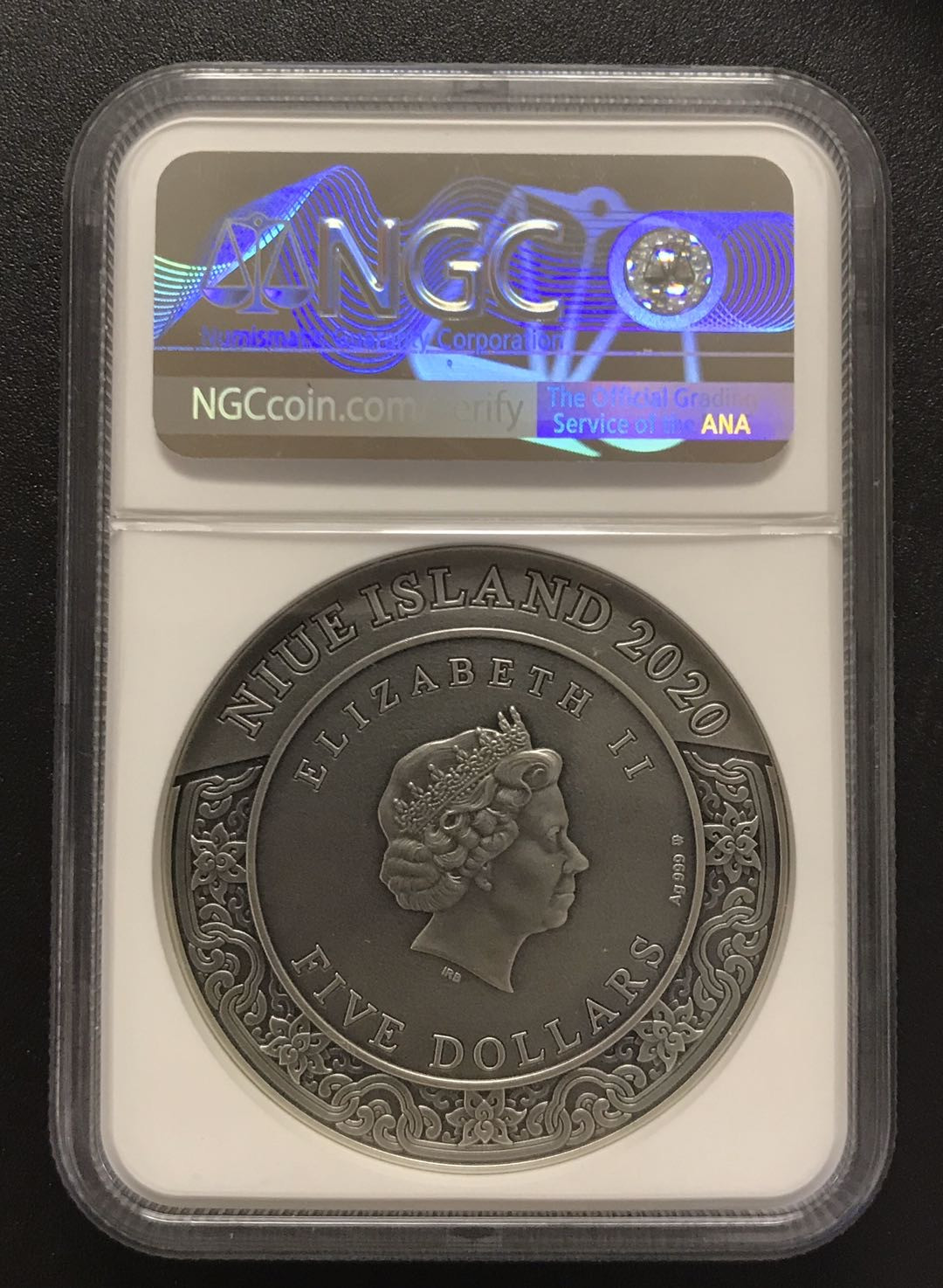 【随心拍&Getcoins】现代钱币第五十四五期拍卖 纽埃2020年多闻天王2盎司高浮雕镀金仿古纪念银币NGC70首期蓝标