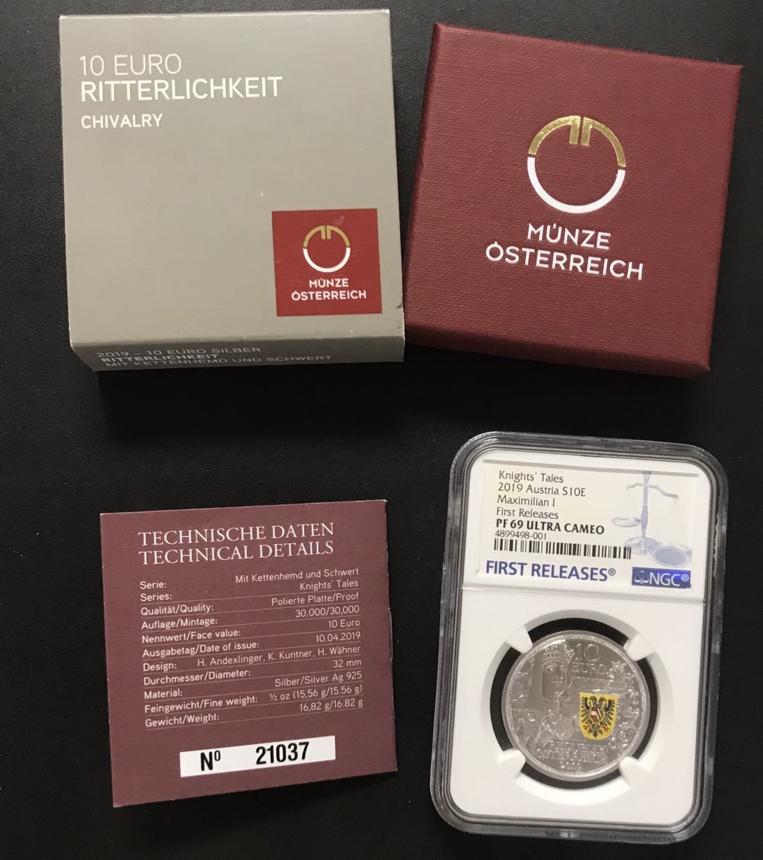 【随心拍&Getcoins】现代钱币第五十四五期拍卖 奥地利2019年骑士传说系列1骑士精神精制纪念银币NGC69首期蓝标