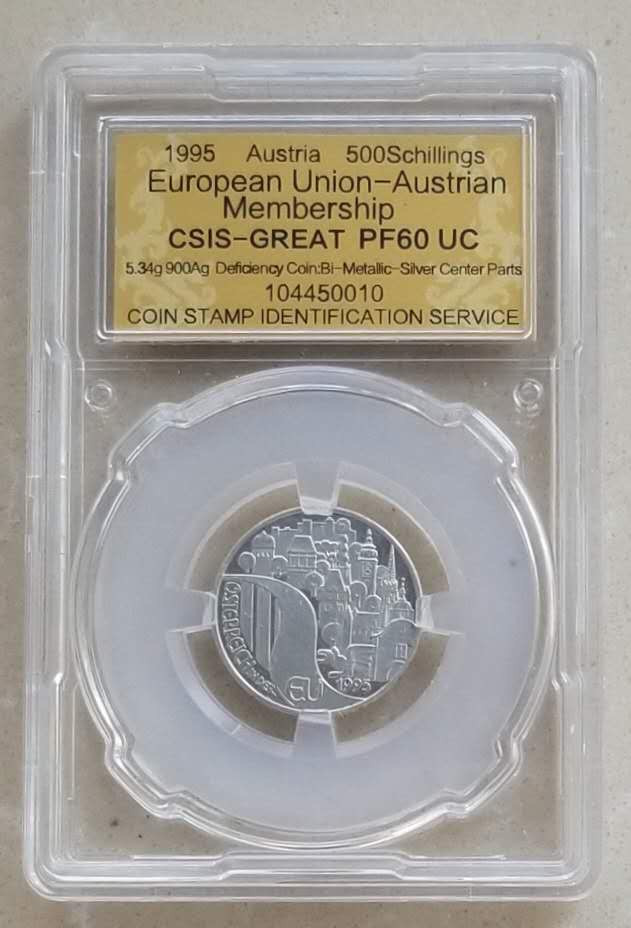 【随心拍&Getcoins】现代钱币第五十四五期拍卖 趣味品获奖币奥地利1995年加入欧盟双金属币银芯