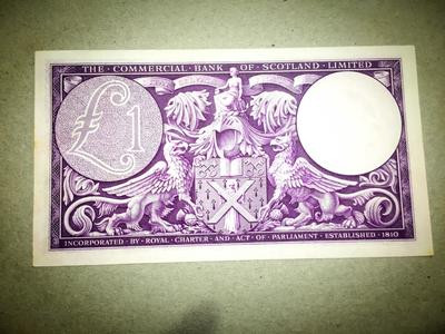 【收藏联盟】第146期拍卖——北非后花园（共50拍） 【初版紫色】苏格兰 商业银行 1947年1镑 UNC- （边缘有几点小黄）稀少  双雕非常精美