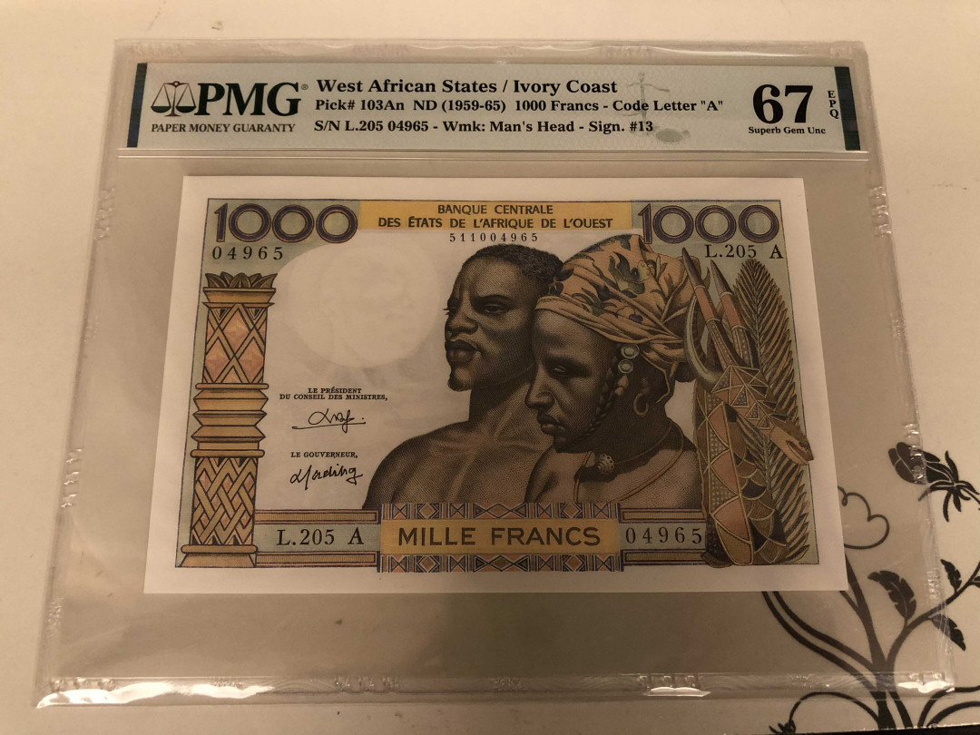 【收藏联盟】第146期拍卖——北非后花园（共50拍） 「大票幅冠军分」 法属西非 1959-65年 1000法郎 PMG67EPQ 