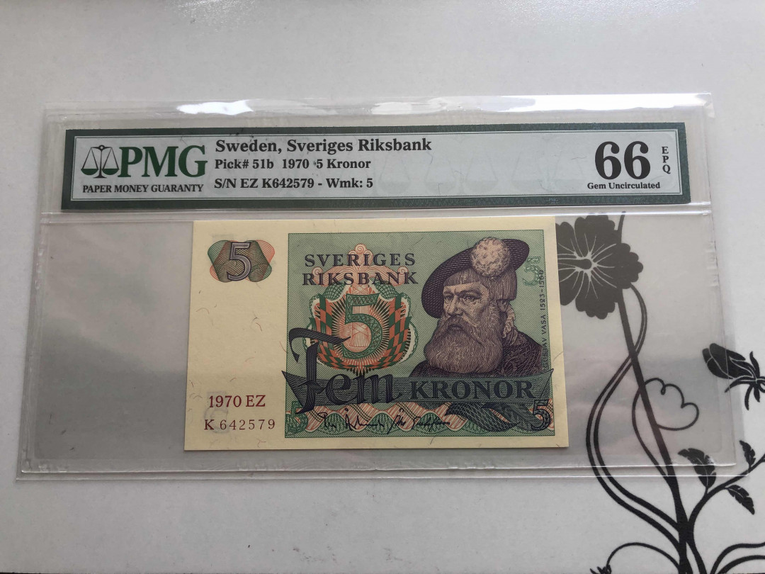 【收藏联盟】第146期拍卖——北非后花园（共50拍） 瑞典 1970年5克朗 PMG66EPQ 