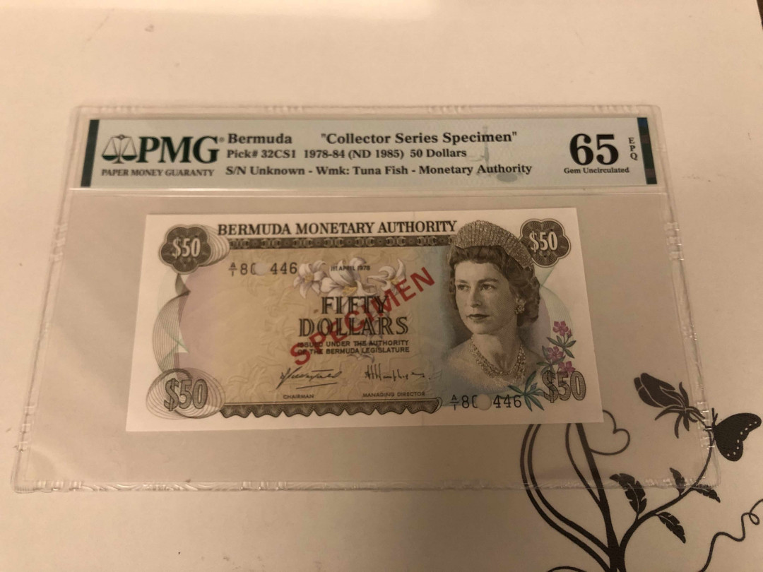 【收藏联盟】第146期拍卖——北非后花园（共50拍） 【样钞】百慕大 1978-84年 50元 PMG65EPQ 女王纸币