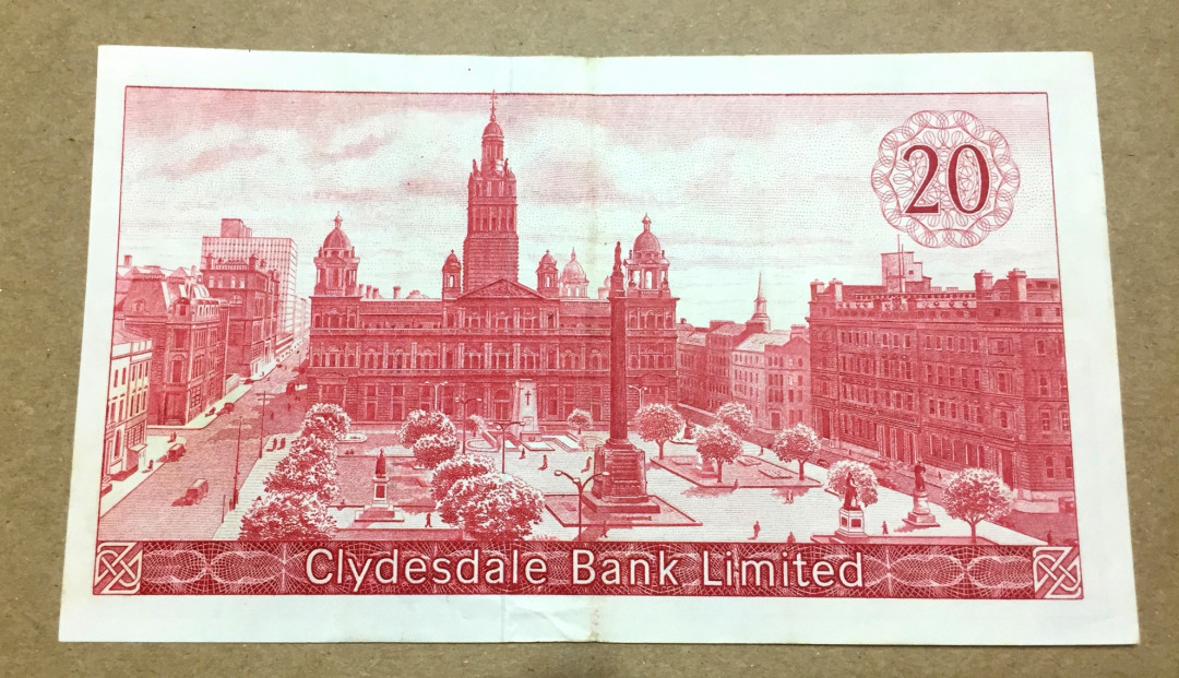 【收藏联盟】第146期拍卖——北非后花园（共50拍） 【C/A首发冠 千位小号 1964年首发年份】苏格兰 1964年20镑 大票幅高值 背面广场非常漂亮 雕刻精美 稀少 VF-XF品相如图