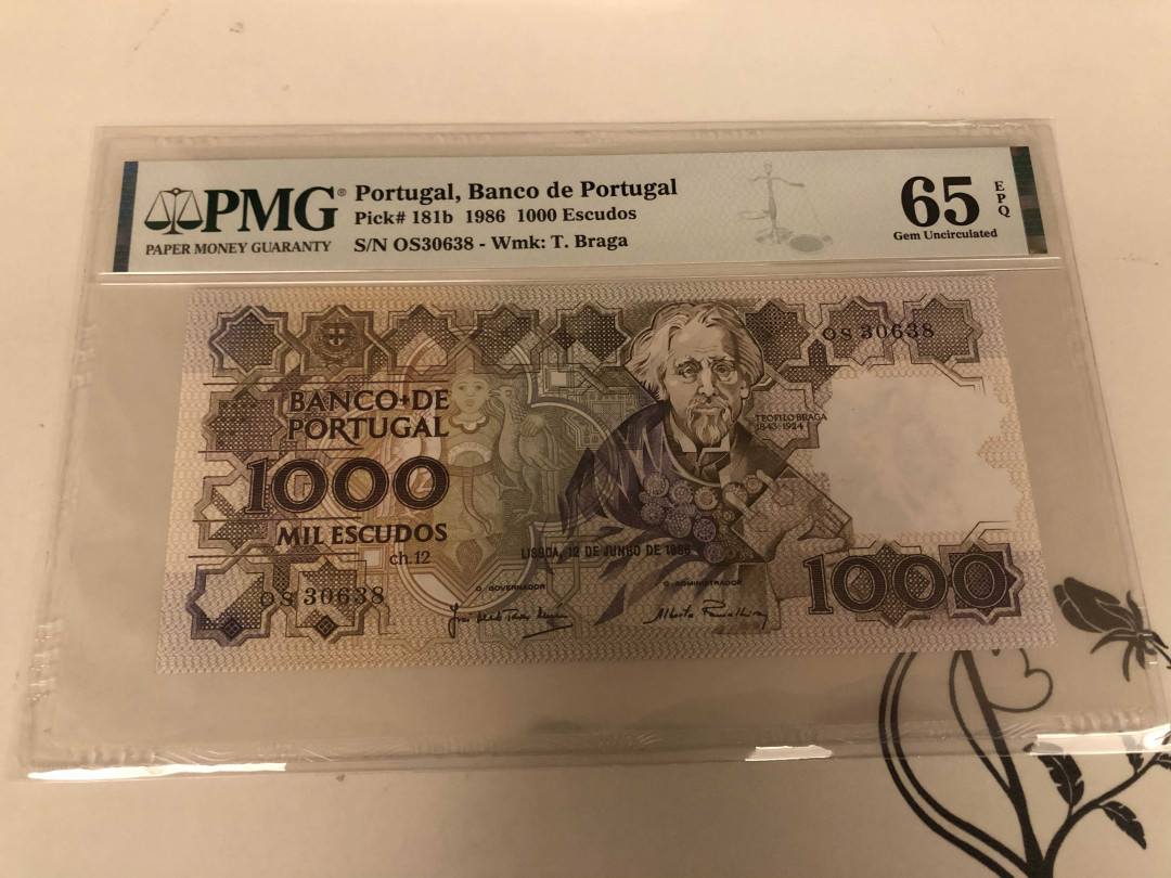 【收藏联盟】第146期拍卖——北非后花园（共50拍） 葡萄牙 1986年1000埃斯库多 PMG65EPQ