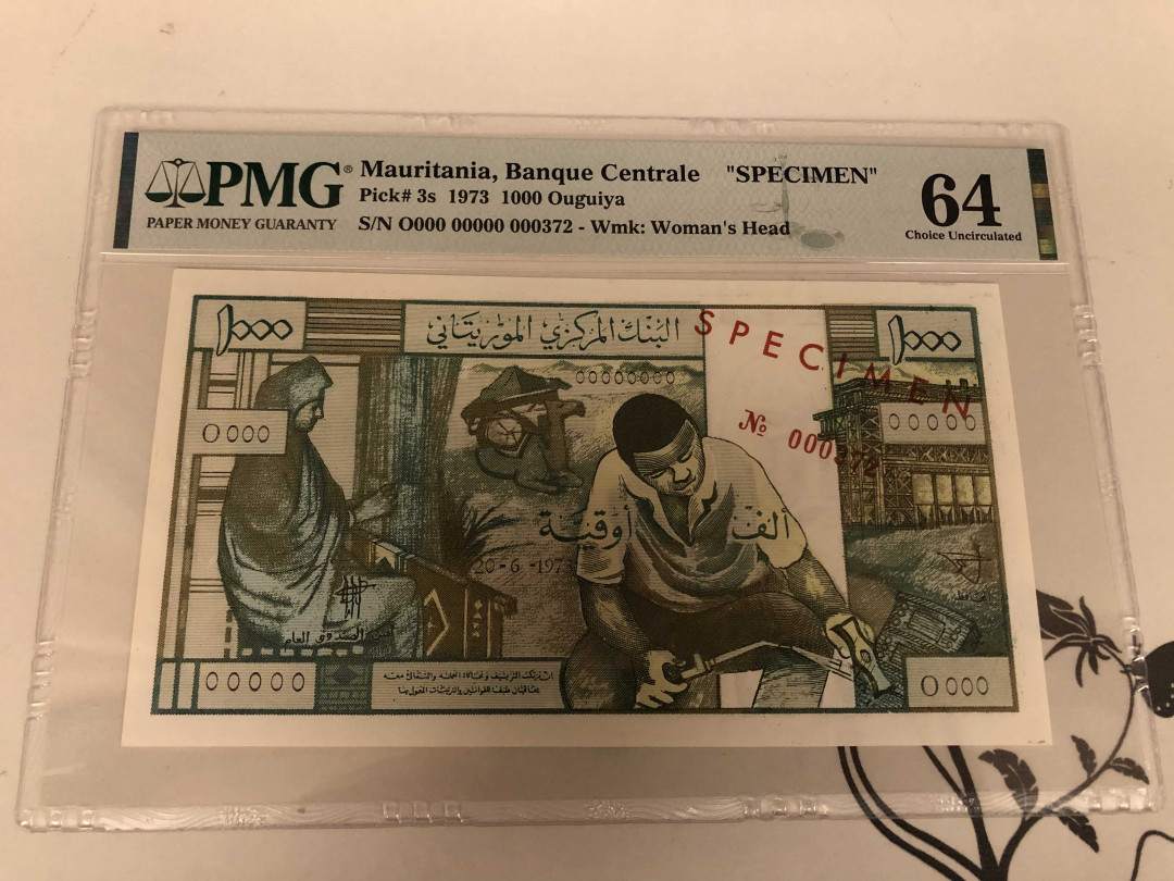【收藏联盟】第146期拍卖——北非后花园（共50拍） 【样钞】毛里塔尼亚 1973年1000乌吉亚 PMG64