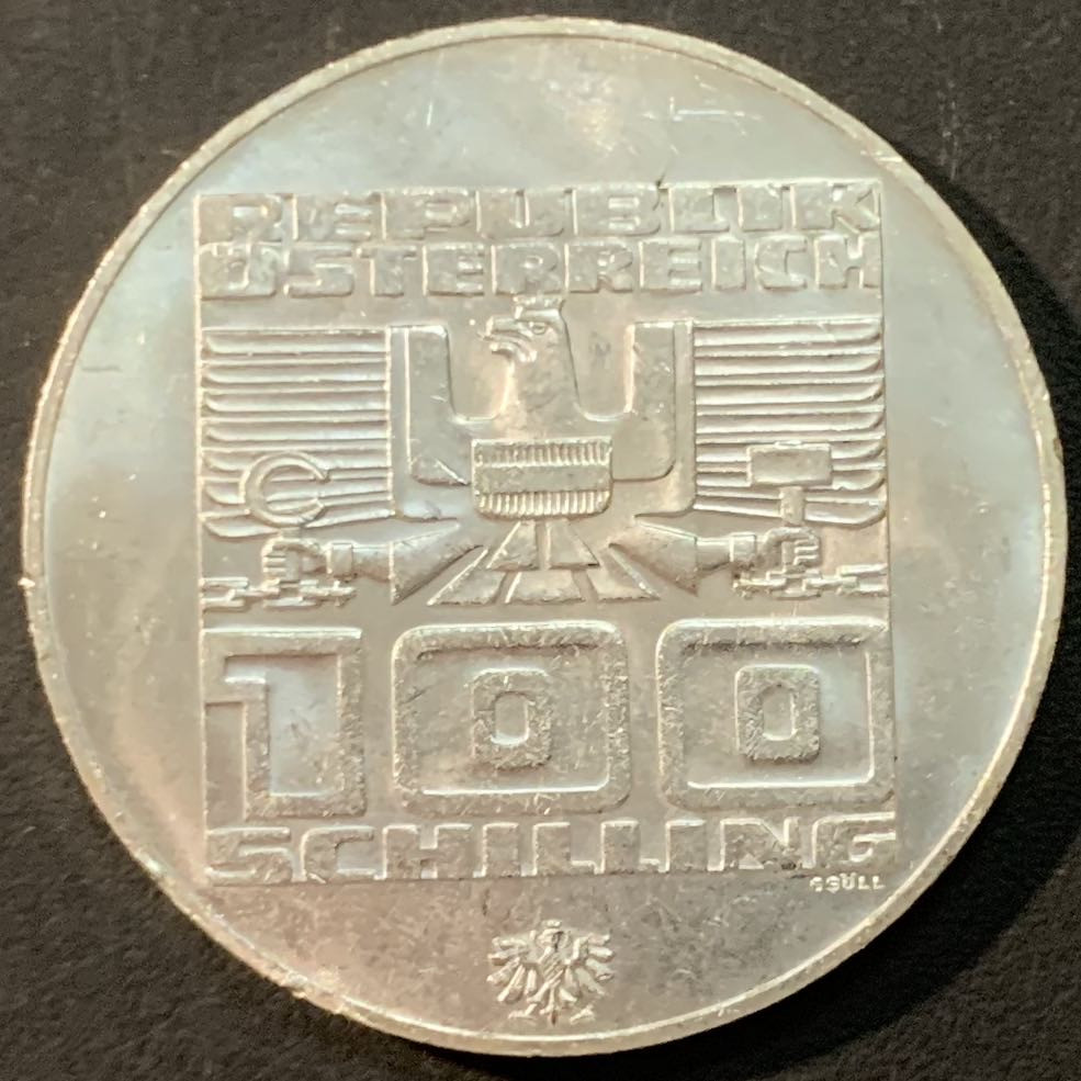 紫瑗钱币—微拍第75期  奥地利 1976年 因斯布鲁克冬奥运 主会场 100先令 24克 0.64银 UNC