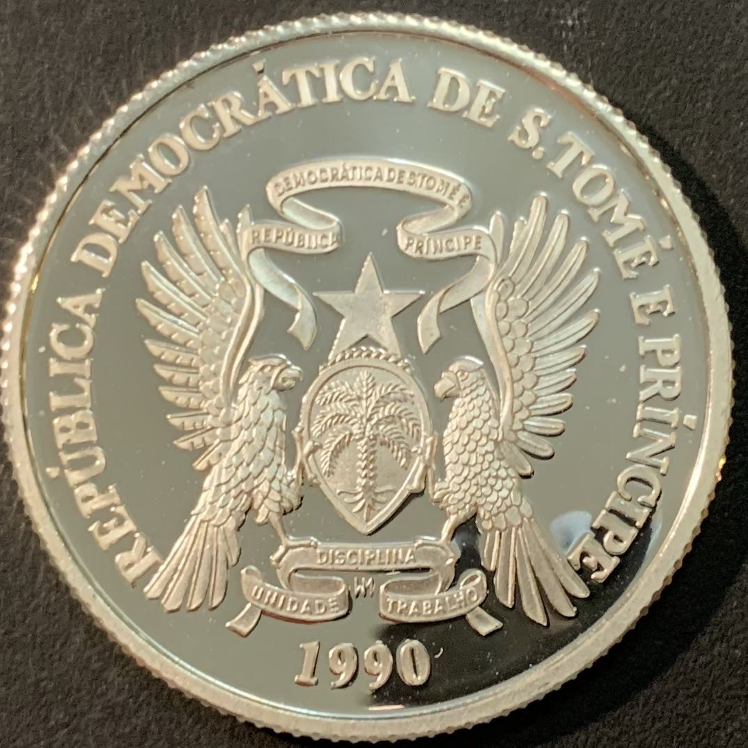 紫瑗钱币—微拍第75期  圣多美与普林西比 1990年 意大利世界杯 1000多布拉 23.33克 0.925银 精制