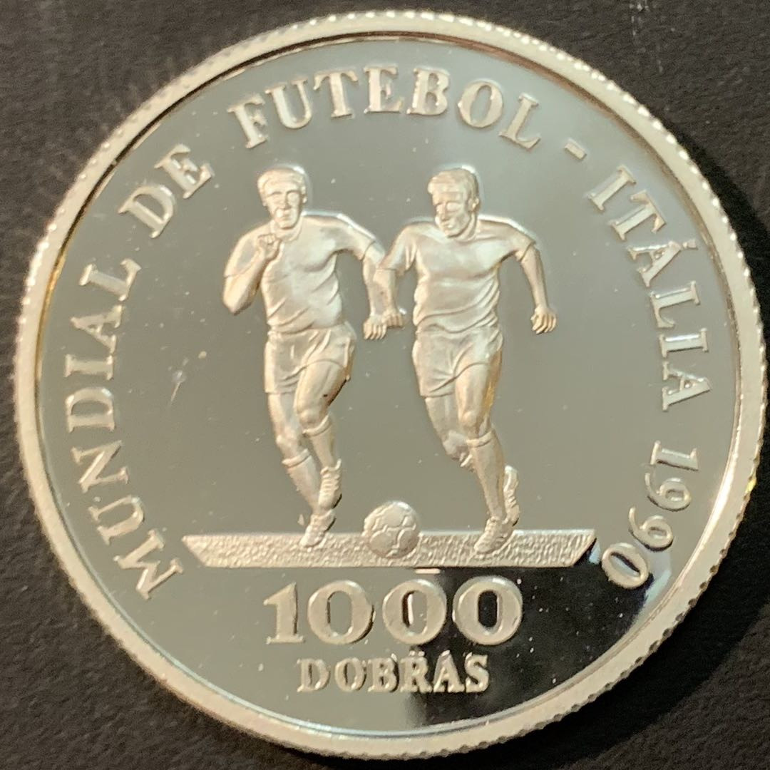 紫瑗钱币—微拍第75期  圣多美与普林西比 1990年 意大利世界杯 1000多布拉 23.33克 0.925银 精制