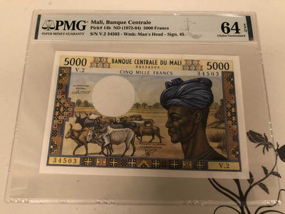 【收藏联盟】第146期拍卖——北非后花园（共50拍） - 马里 1972-84年 5000法郎 PMG64EPQ 棉花姐