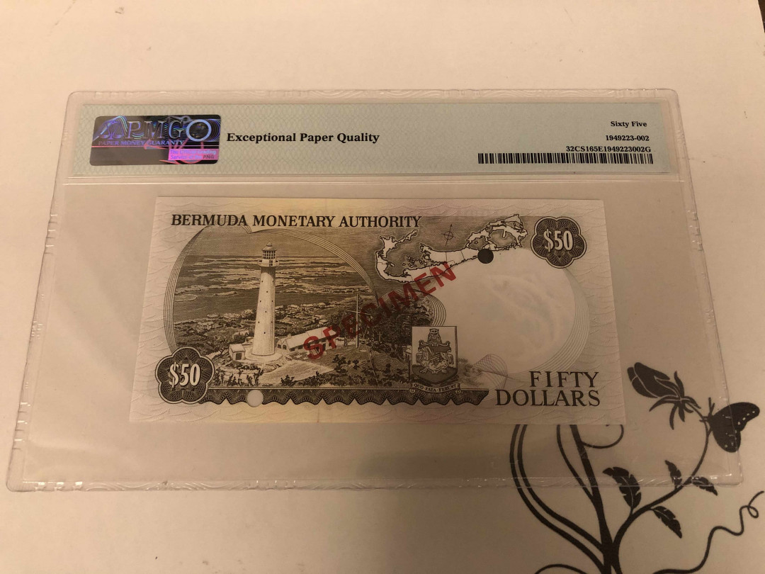 【收藏联盟】第146期拍卖——北非后花园（共50拍） 【样钞】百慕大 1978-84年 50元 PMG65EPQ 女王纸币