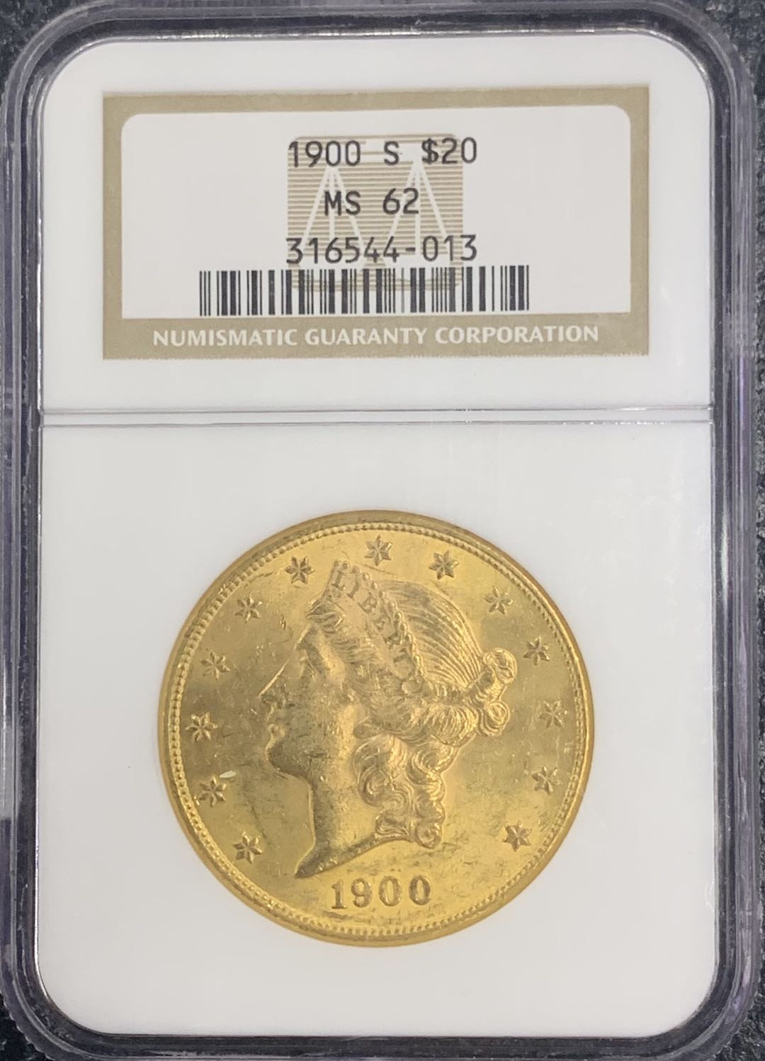 紫瑗钱币—微拍第75期  美国 1900年 S版 自由女神 20元 33.436 0.9金 NGC M62