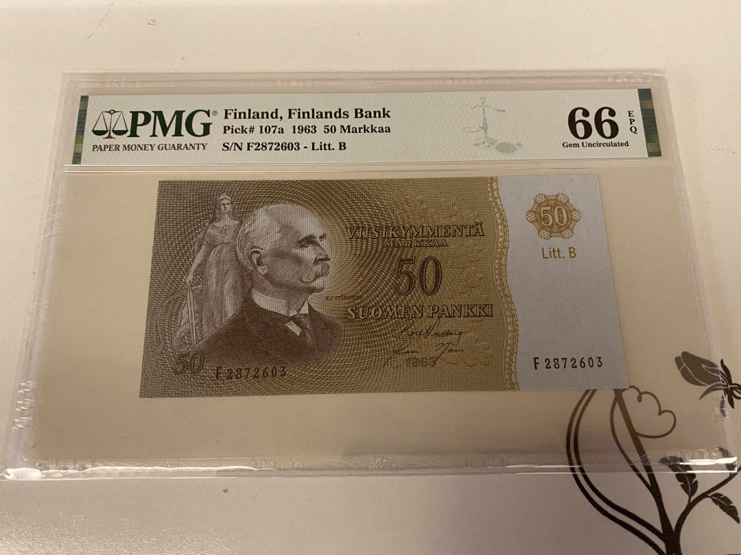 【收藏联盟】第148期拍卖——港澳风云（共55拍） 芬兰 1963年50马克 PMG66EPQ