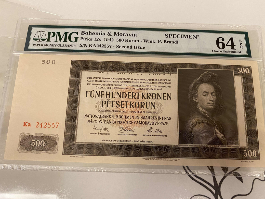 【收藏联盟】第148期拍卖——港澳风云（共55拍） 【样钞】波西米亚 1942年 500克朗 PMG64EPQ