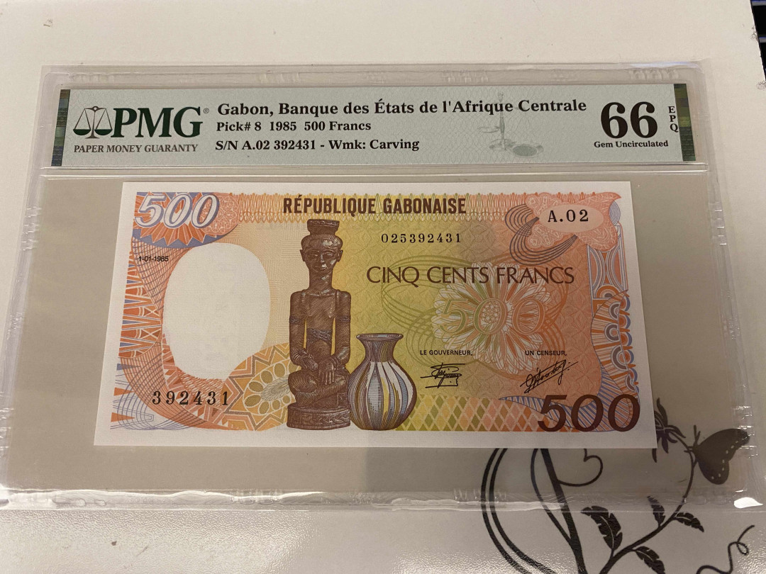 【收藏联盟】第148期拍卖——港澳风云（共55拍） 加蓬 1985年500法郎 PMG66EPQ