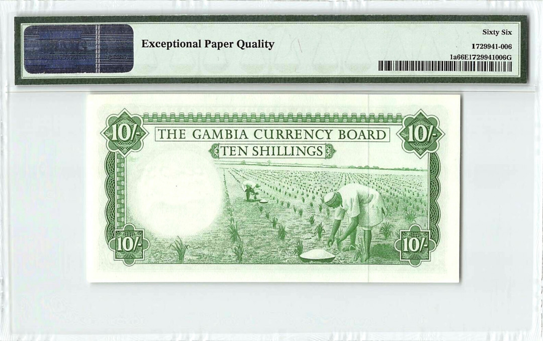 【收藏联盟】第148期拍卖——港澳风云（共55拍） 【该国第一张纸币】冈比亚 1965-70年 10先令 p1a 双面雕刻 非常漂亮