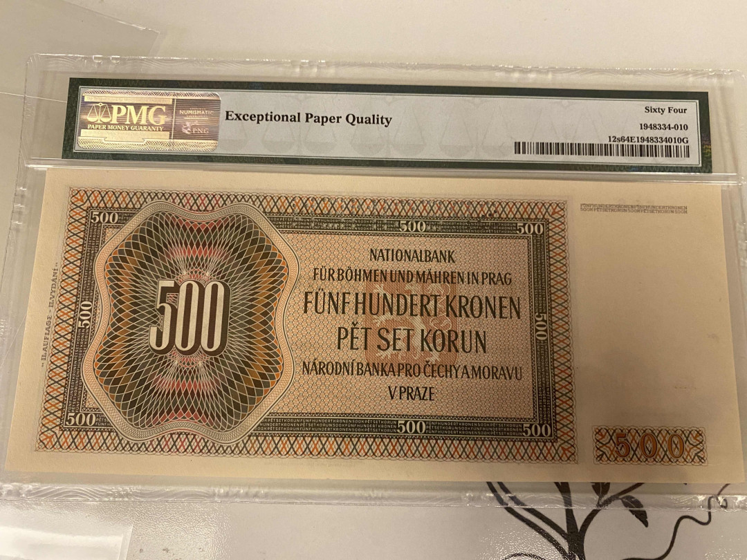【收藏联盟】第148期拍卖——港澳风云（共55拍） 【样钞】波西米亚 1942年 500克朗 PMG64EPQ