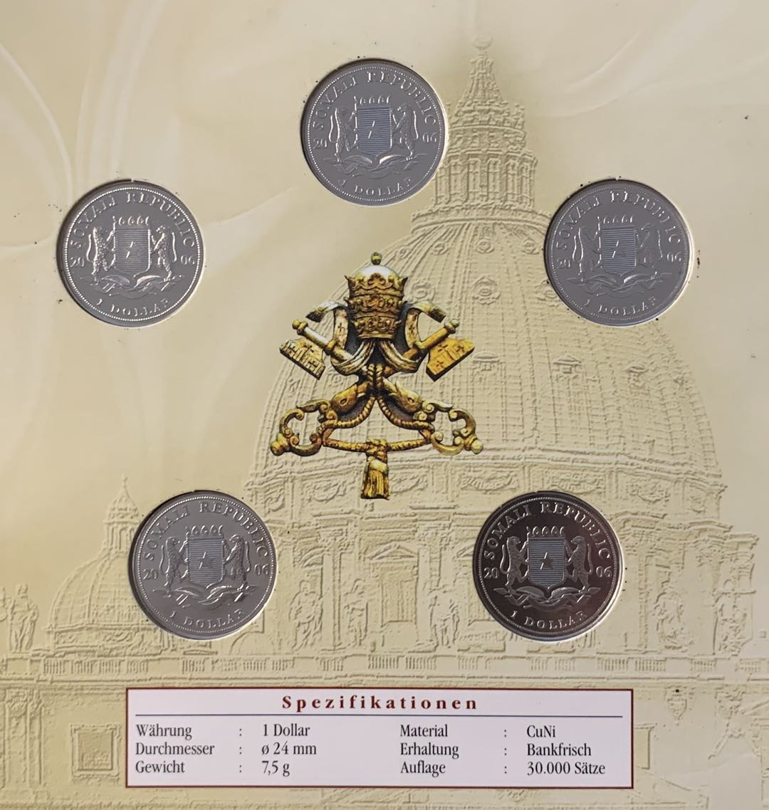 紫瑗钱币—微拍第78期  索马里 2006年 教皇访问 1元 共5枚 原厂卡装