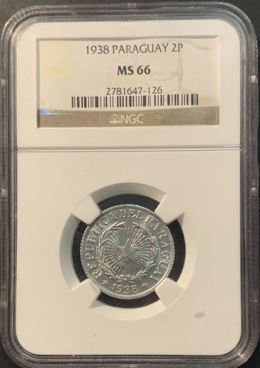 紫瑗钱币—微拍第78期  巴拉圭 1938年 2比索  NGC MS66