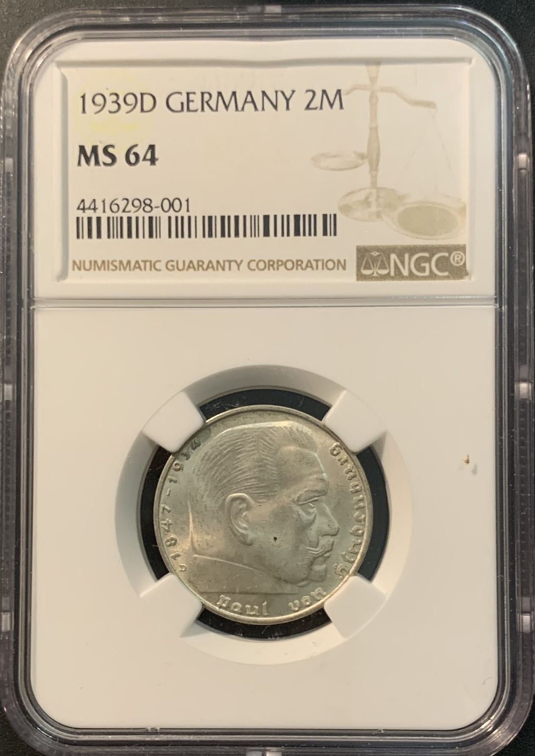 紫瑗钱币—微拍第78期  德国 1939年 D版 兴登堡 2马克 NGC MS64