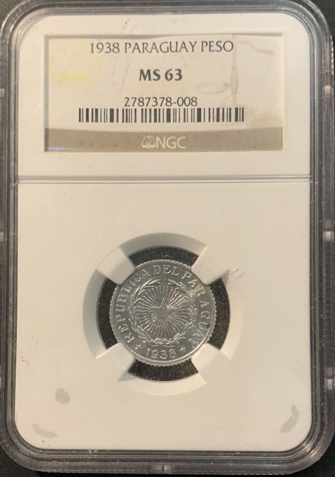 紫瑗钱币—微拍第78期  巴拉圭 1938年 1比索  NGC MS63
