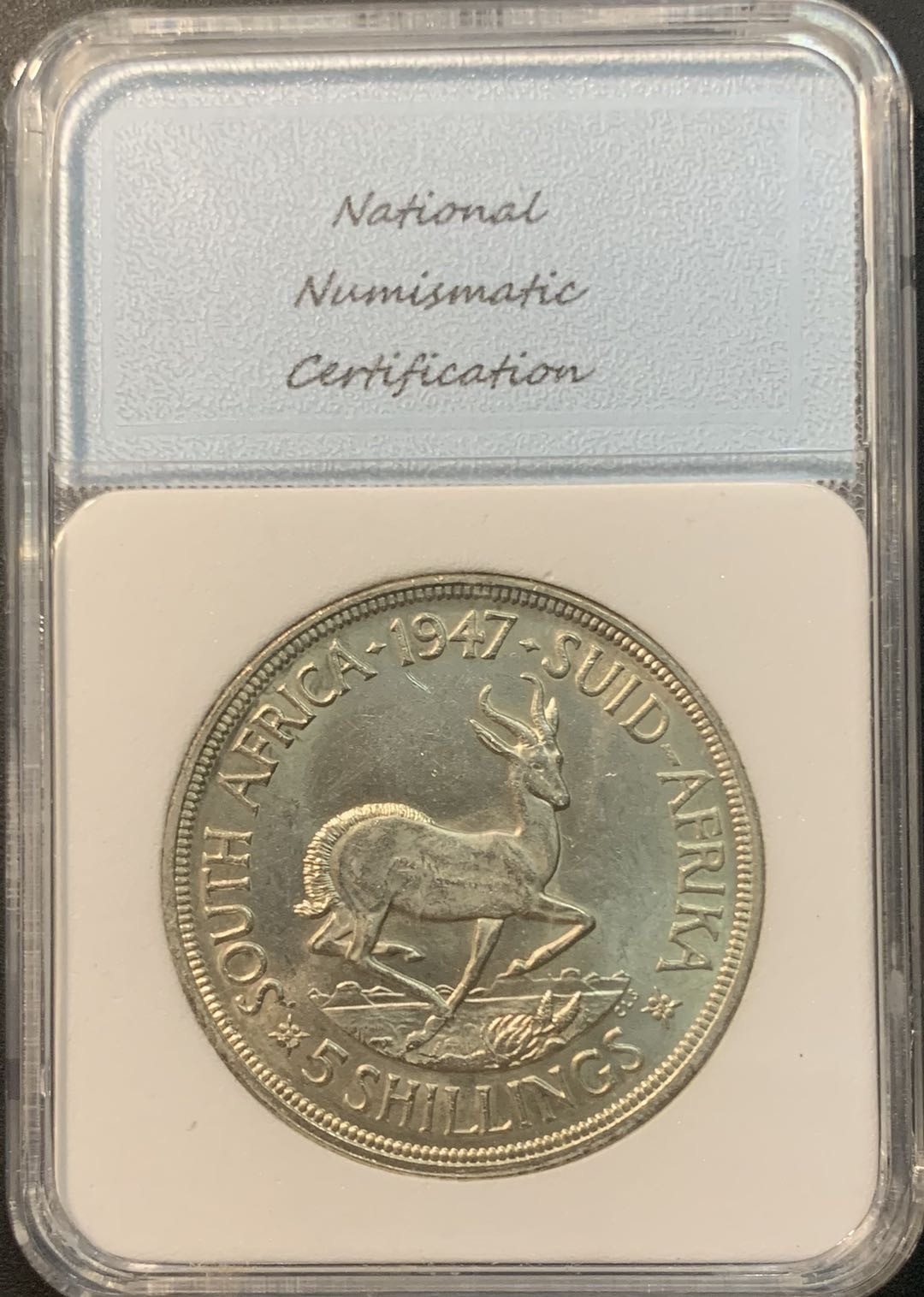 紫瑗钱币—微拍第78期  南非 1947年 乔六 羚羊 5先令 28.28克 0.8银 NNC MS63