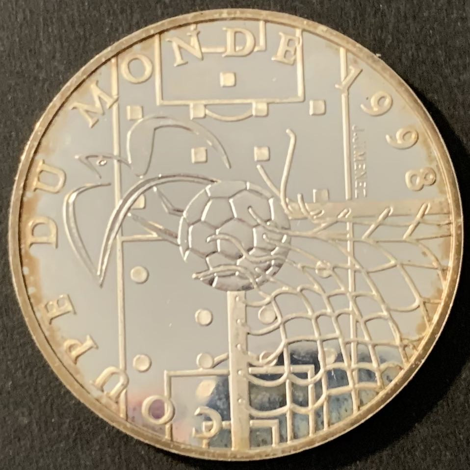 紫瑗钱币—微拍第78期  法国 1996年 98法国世界杯 破门 10法郎 21.16克 0.9银 精制