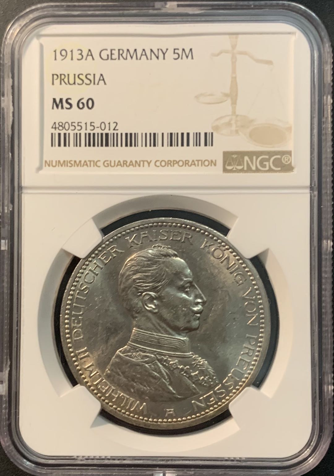 紫瑗钱币—微拍第78期  德国 普鲁士 1913年 军装 5马克 NGC MS60