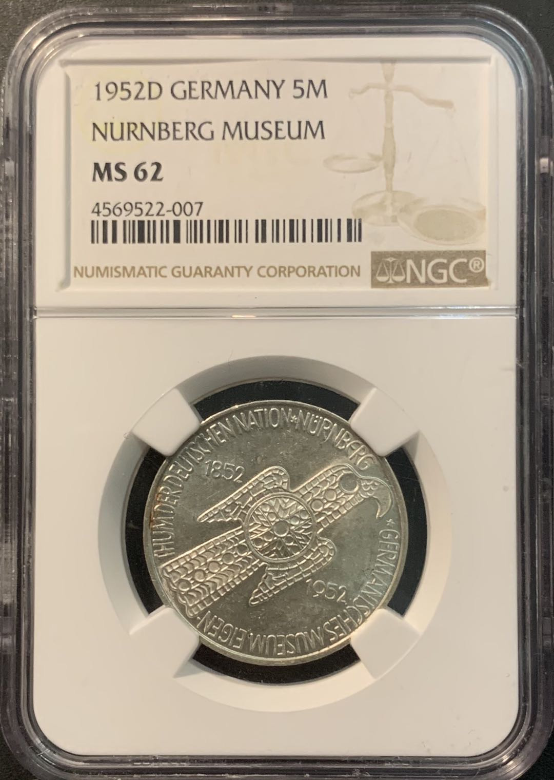 紫瑗钱币—微拍第78期  德国 1952年 纽伦堡博物馆 5马克 NGC MS62 总筋