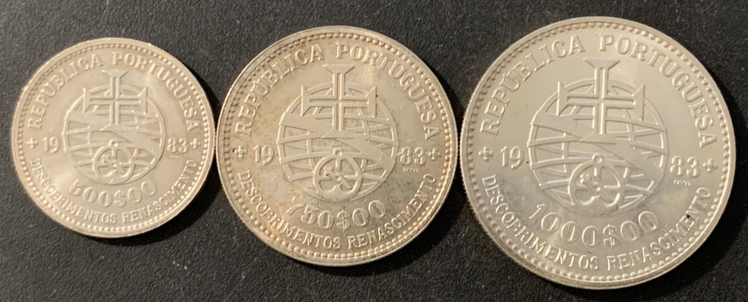 紫瑗钱币—微拍第78期  葡萄牙 1983年 17届欧洲博览会 500 750 1000埃斯库多 三枚 共40.5克 0.835银 BU