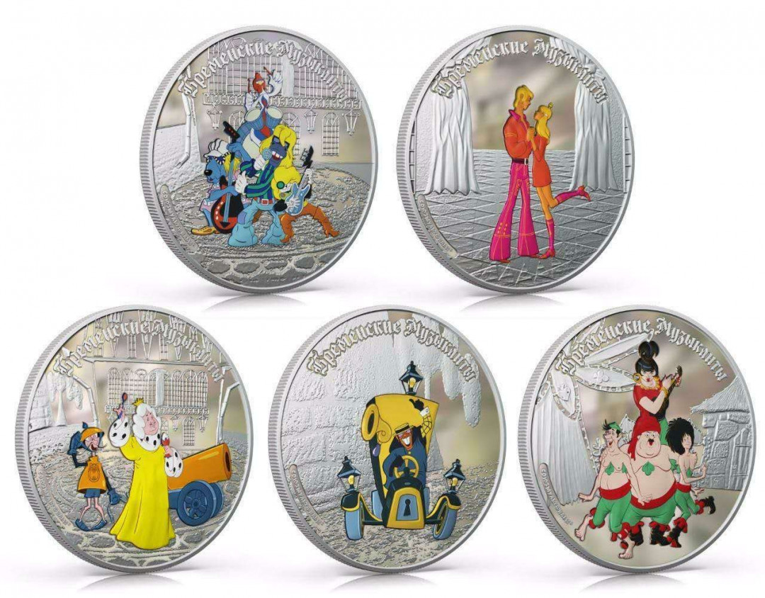 【币观天下】第112期钱币拍卖～  库克2011年25元，5盎司，世界最著名童话—格林童话《不莱梅(镇)的音乐家》人物全集，亮光彩色5枚完整大全套装精制纪念银币