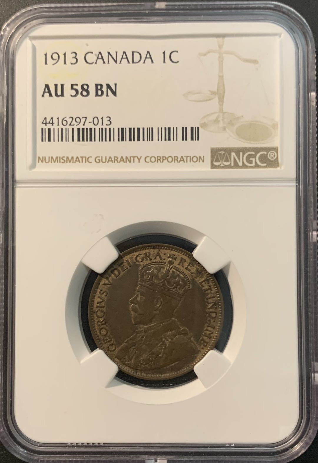 紫瑗钱币—微拍第78期  加拿大 1913年 乔治五世 1分 NGC AU58 BN