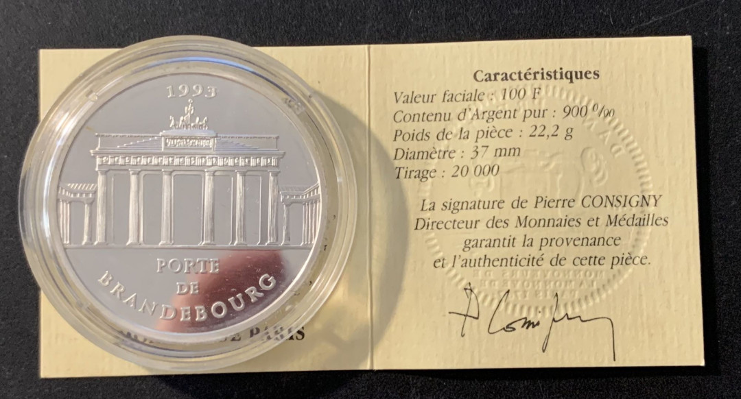 紫瑗钱币—微拍第78期  法国 1993年 勃兰登堡门 100法郎15埃局 22.2克 0.9银 精制 原盒证书