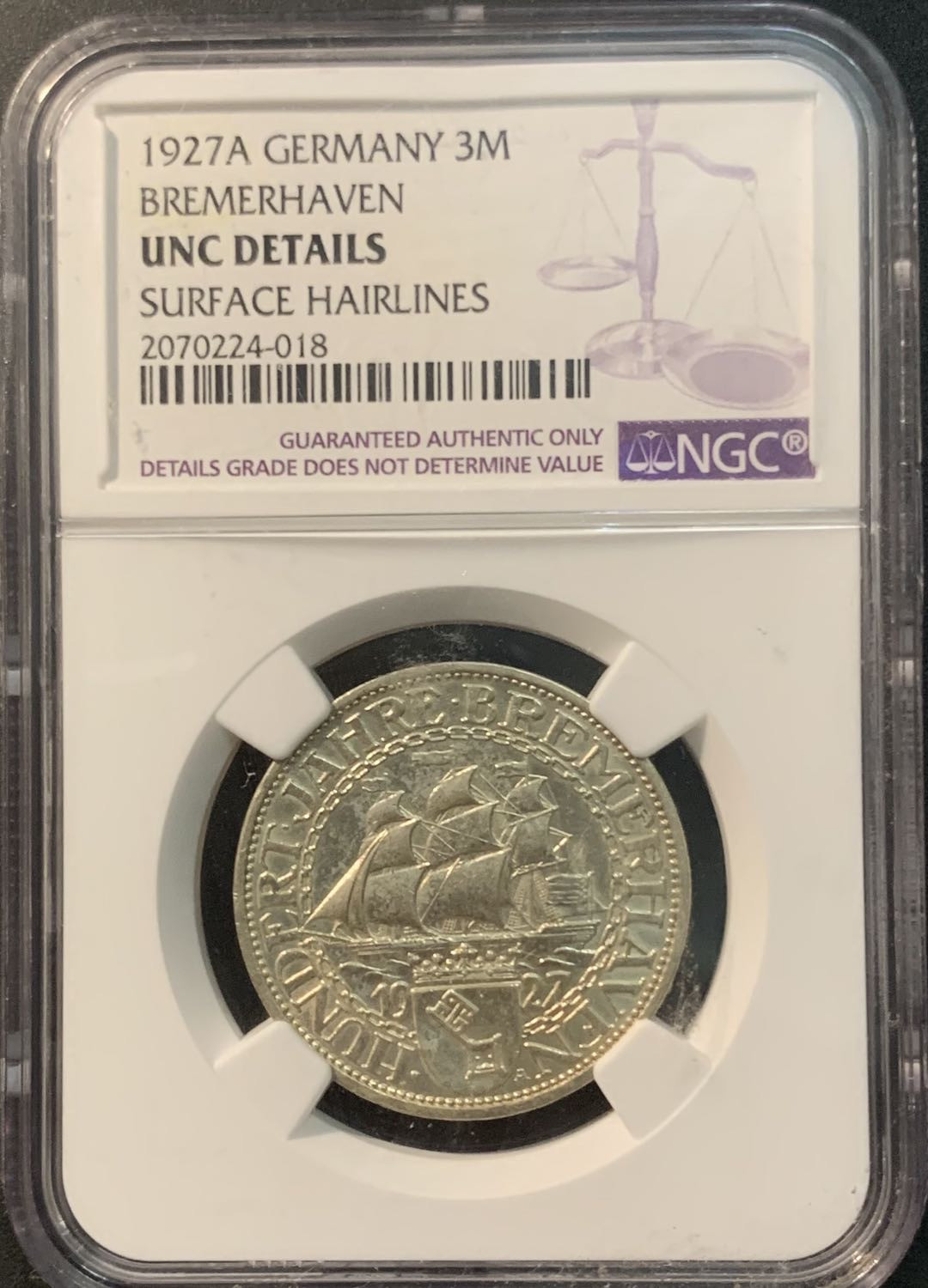 紫瑗钱币—微拍第78期  德国 魏玛共和国 1927年 布雷默黑文100周年纪念 3马克 NGC UNC Detail