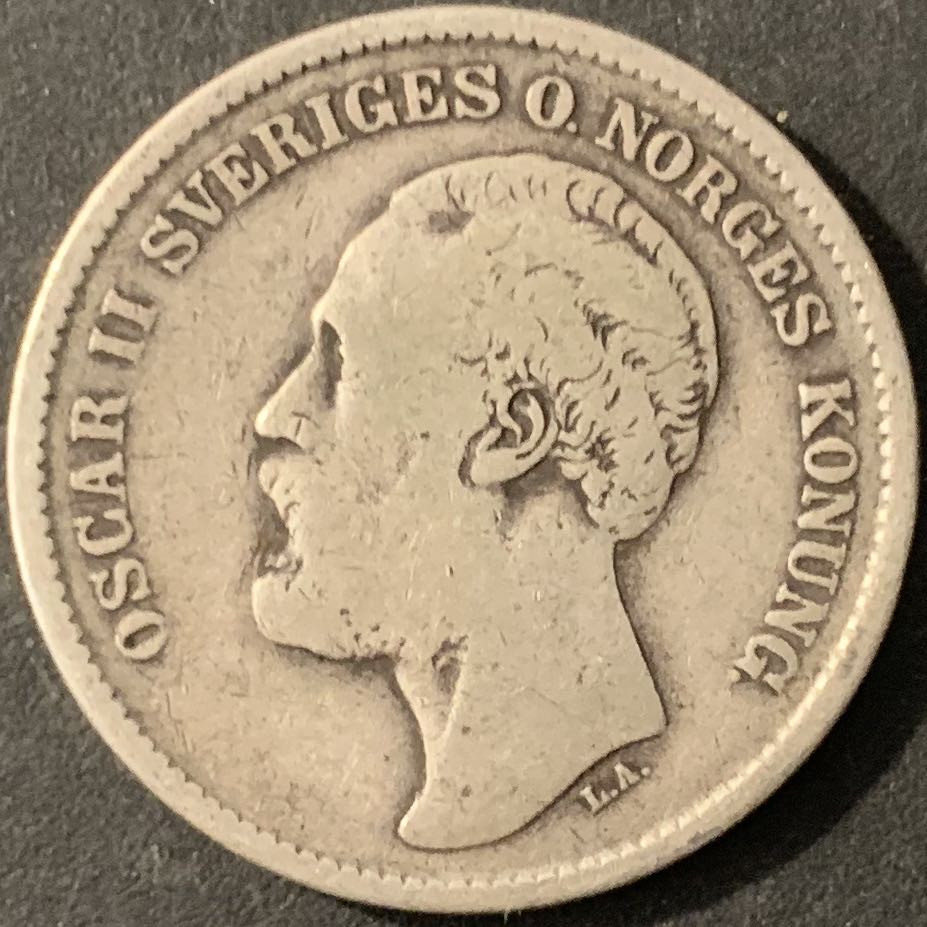 紫瑗钱币—微拍第78期  瑞典 1876年 奥斯卡二世 2克朗 银币 15克 0.8银 少见年份