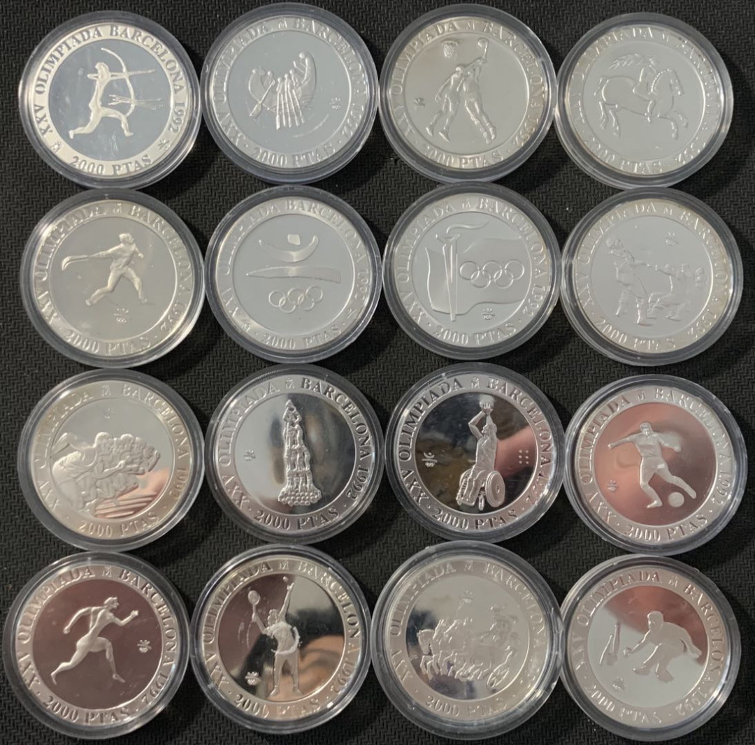 紫瑗钱币—微拍第78期  西班牙 1992年 巴塞罗娜奥运会 2000比塞塔 16枚全 共432克 0.925银 精制
