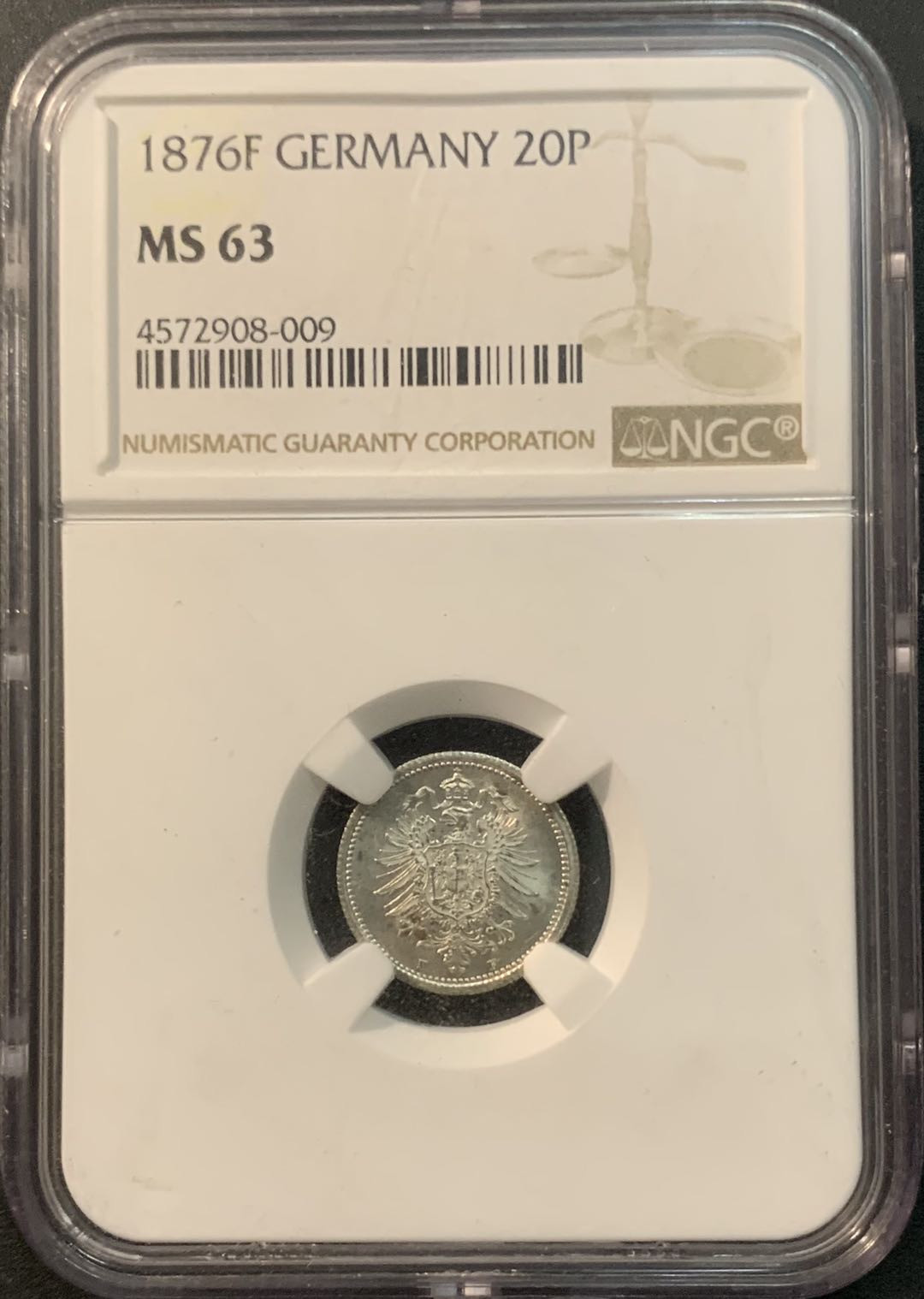 紫瑗钱币—微拍第78期  德国 1876年 F厂 20芬妮 NGC MS63