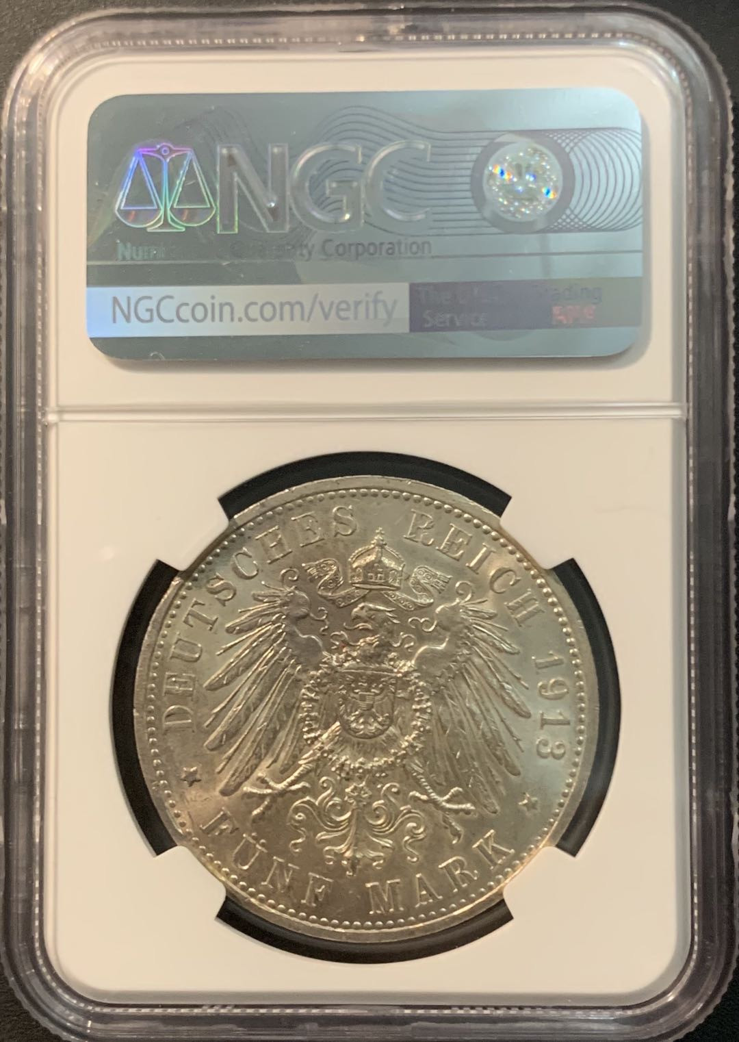 紫瑗钱币—微拍第78期  德国 普鲁士 1913年 军装 5马克 NGC MS60