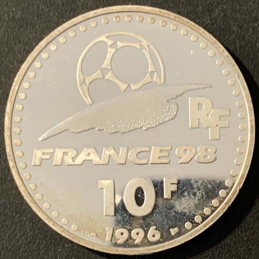 紫瑗钱币—微拍第78期  法国 1996年 98法国世界杯 破门 10法郎 21.16克 0.9银 精制