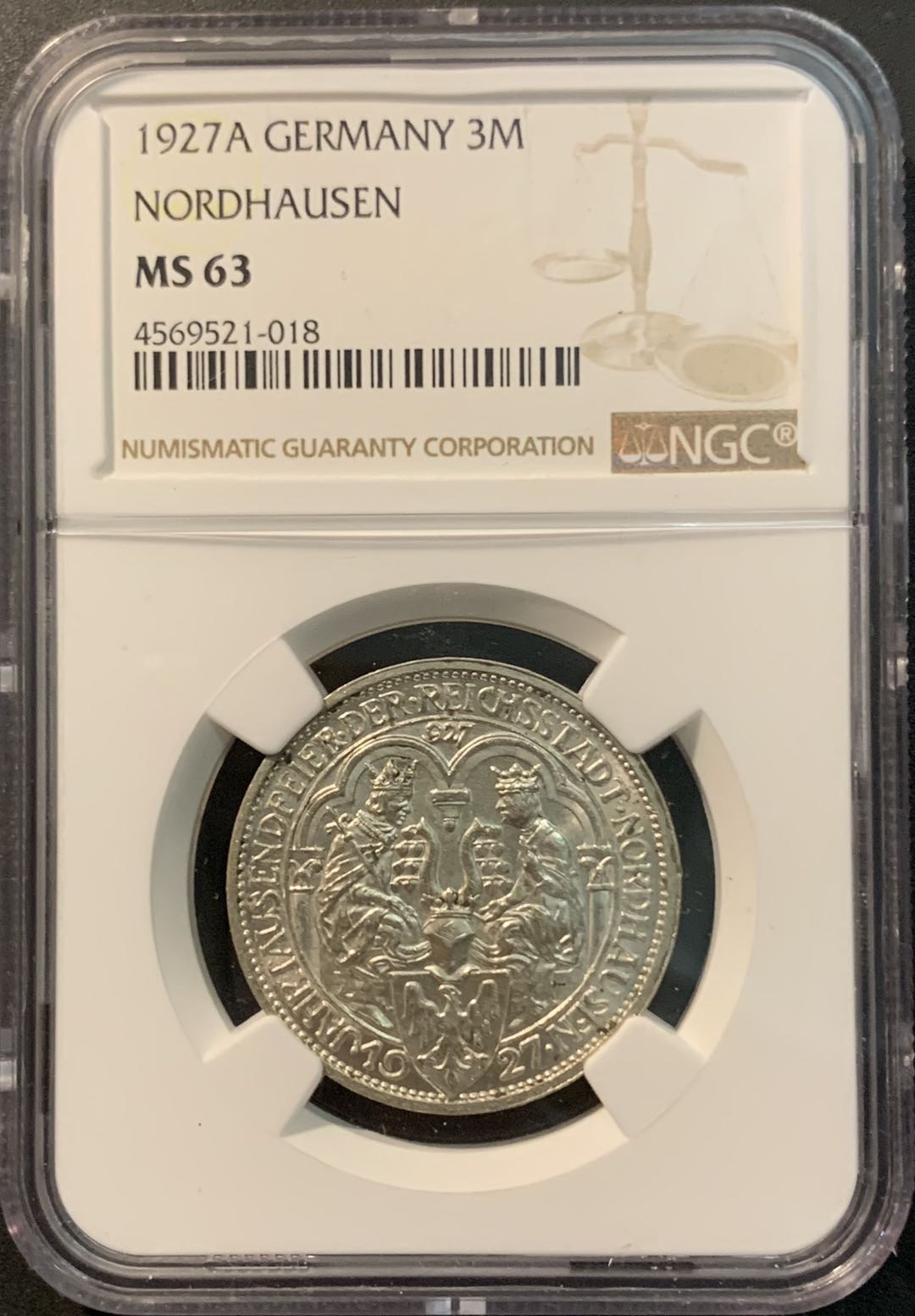 紫瑗钱币—微拍第78期  德国 1927年 诺德豪森成立1000周年 3马克 NGC MS63