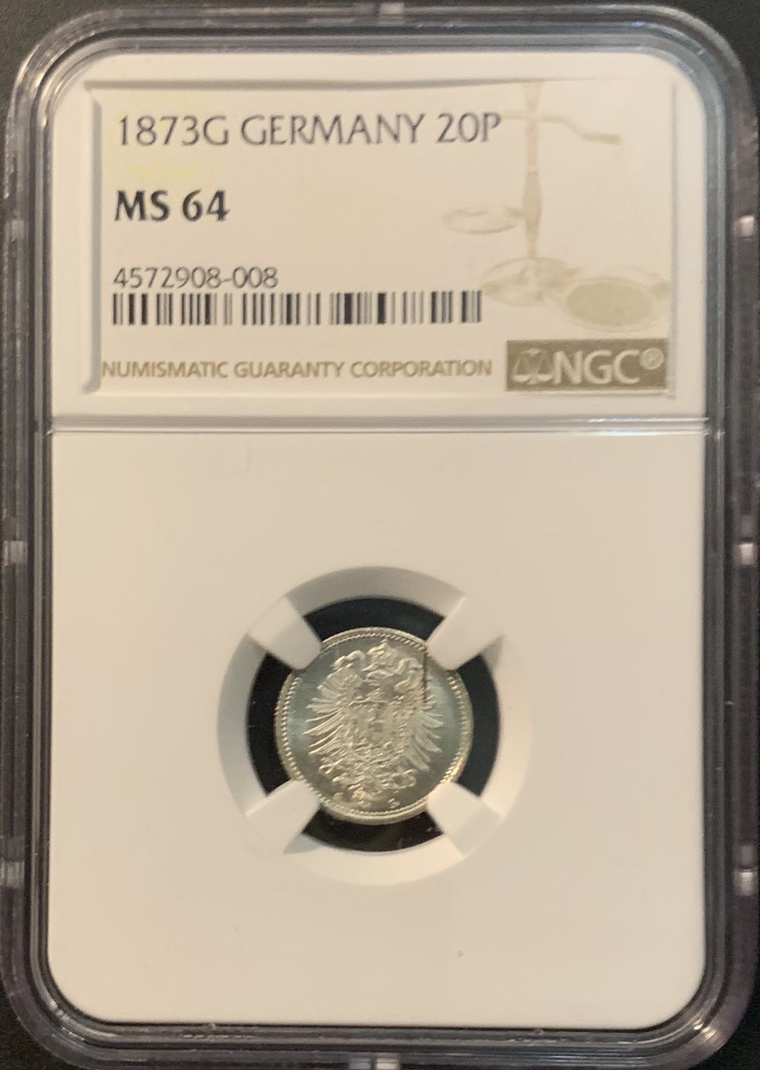 紫瑗钱币—微拍第78期  德国 1873年 G厂 20芬妮 NGC MS64