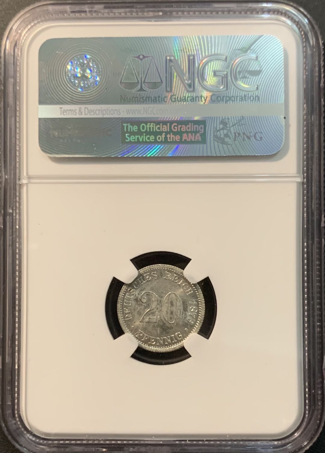 紫瑗钱币—微拍第78期  德国 1876年 F厂 20芬妮 NGC MS63